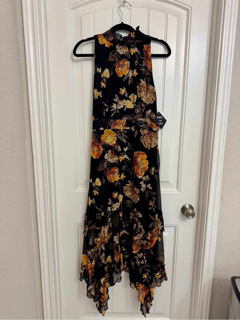 Floral High-Neck Black Midi Dress